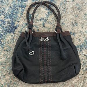 BRIGHTON Black & Brown Leather Hobo Bag With Silver Hardware Braided Shoulder.